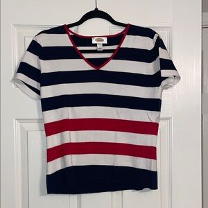 Talbots Navy White and Red Striped V-Neck Short Sleeve Top
